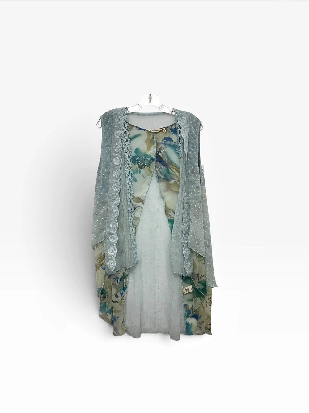 Soft Surroundings Cardigan Womens Size S/M Blue Floral Crochet Sleeveless Boho